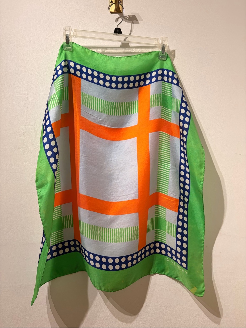 Vintage Givenchy Green, Orange & Blue Graphic A-Line Square Silk Scarf